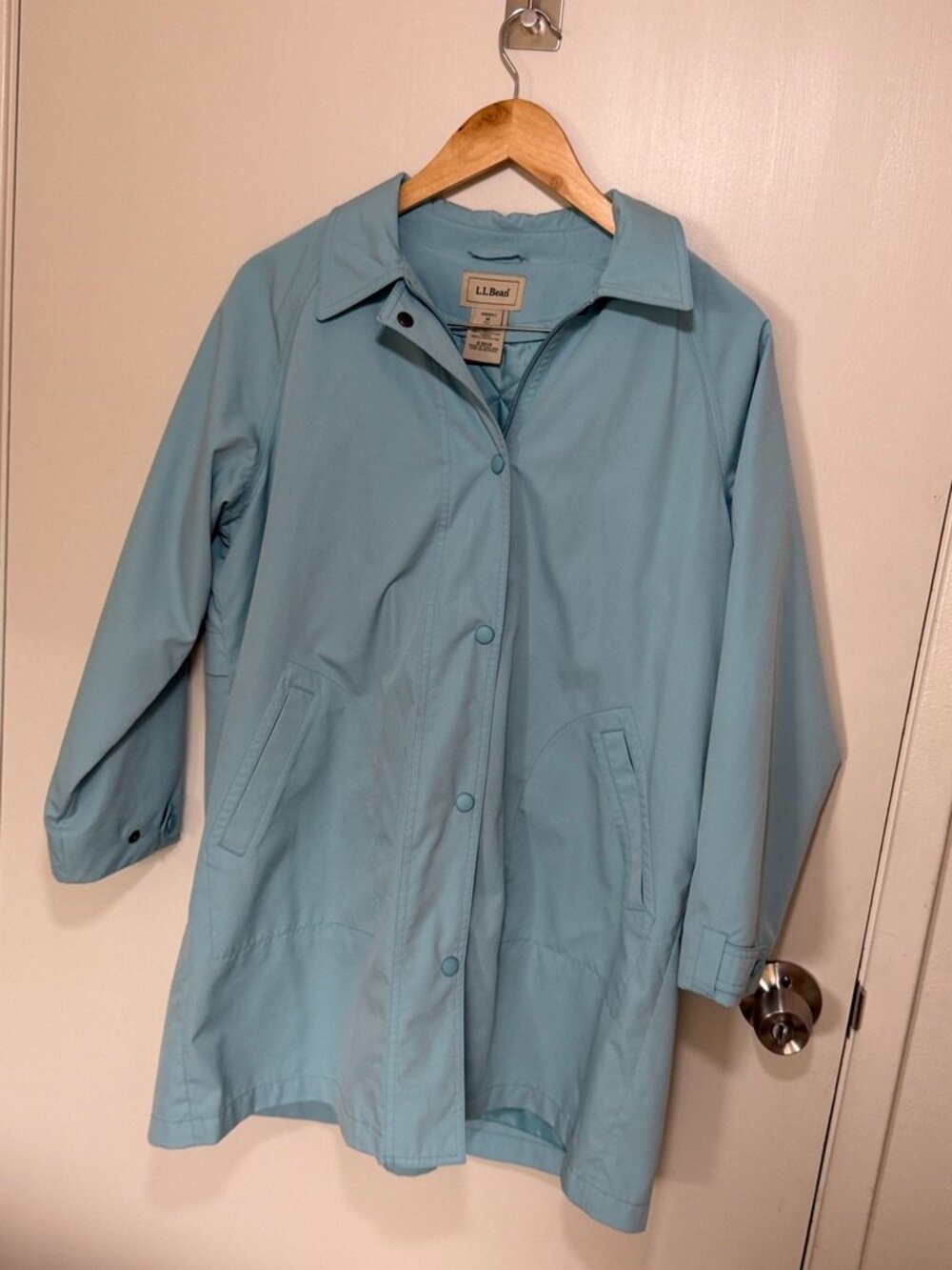 Vintage L.L.Bean Raincoat Trench Coat Wool Plaid Liner Blue Petite M